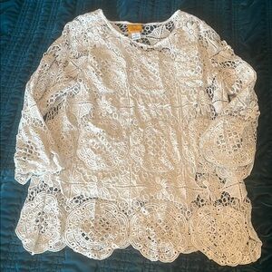 Cream Ruffled Lace Blouse with Long Sleeves